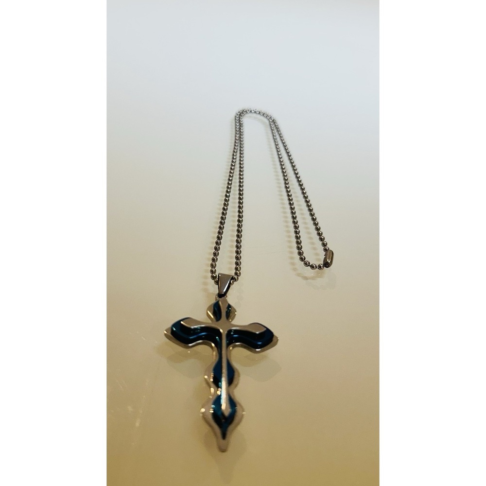 Men Silver Blue Cross Pendant Necklace Religious Christian Chain 24"